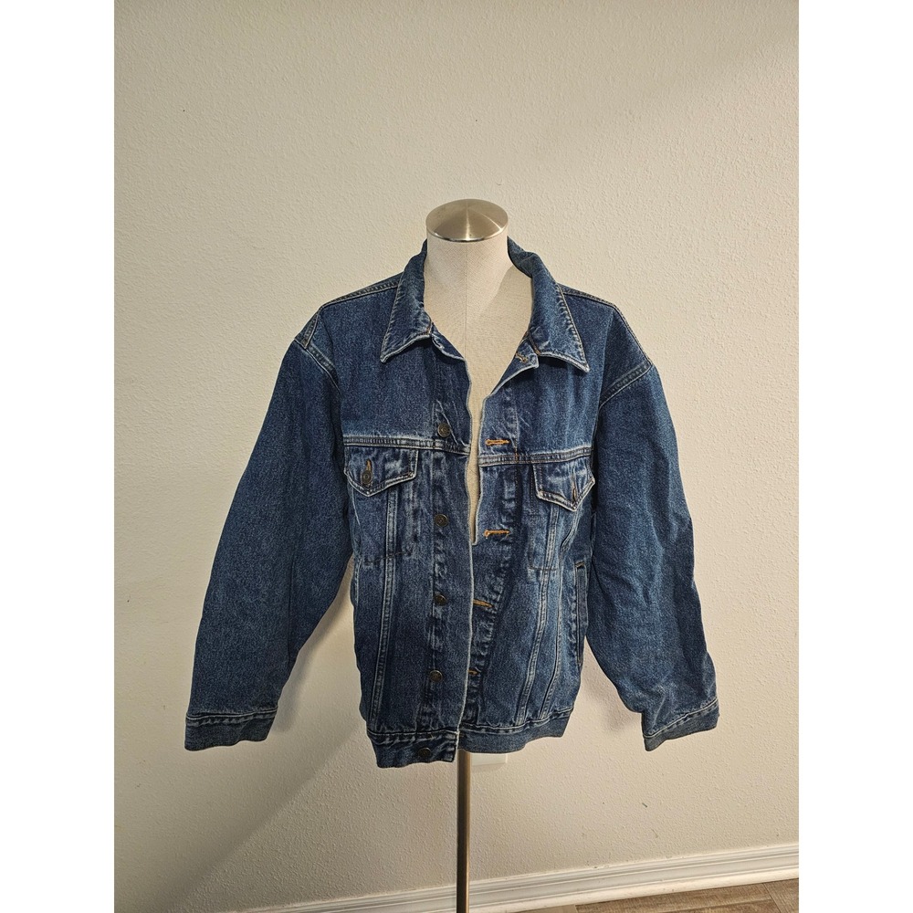 Guide Gear Mens Blue Denim Trucker Jacket Plaid Flannel Lined Large Cotton L